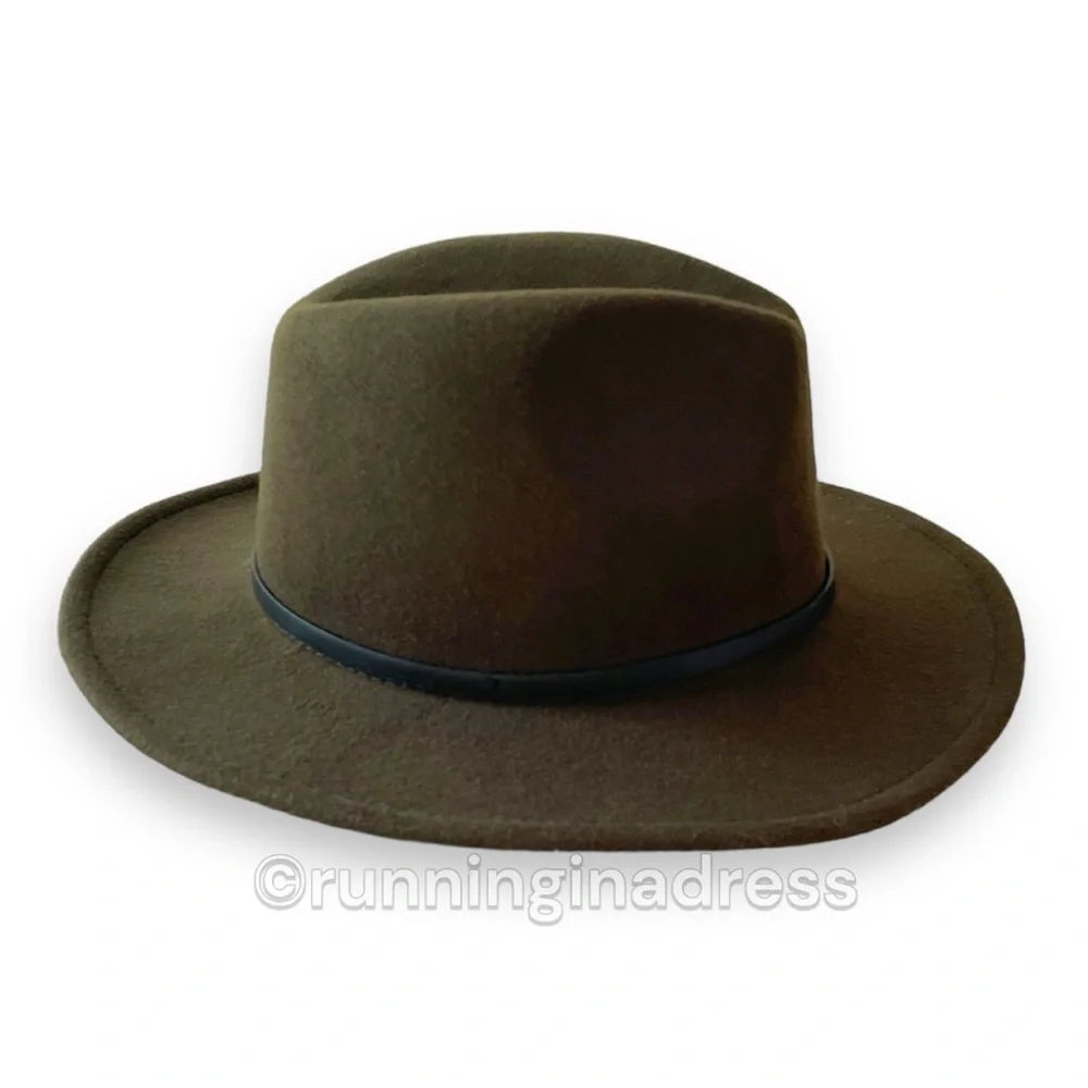 Olive Green Felt Fedora Hat Western Boho Size One Size